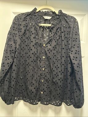Nine West Black Eyelet Ruffle Neck Button-Down Blouse